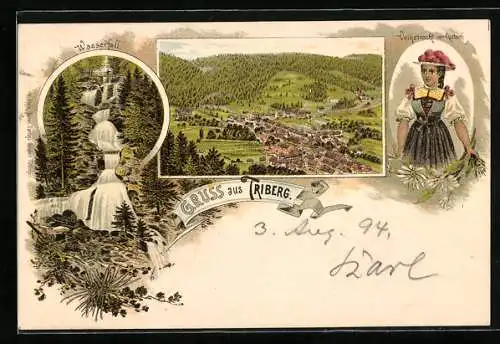 Vorläufer-Lithographie Triberg, 1894, Ortsansicht aus der Vogelschau, Wasserfall, Gutacherin in Tracht