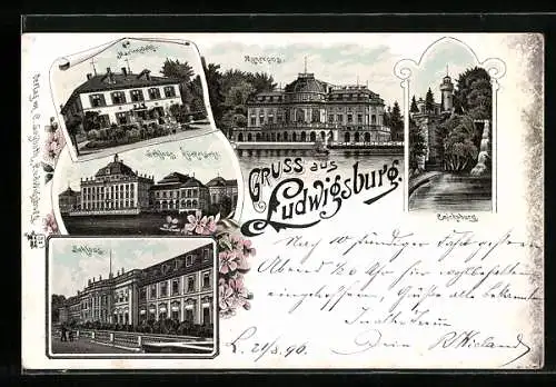 Vorläufer-Lithographie Ludwigsburg / Württemberg, 1895, Schloss, Monrepos, Emichsburg, Marienwahl