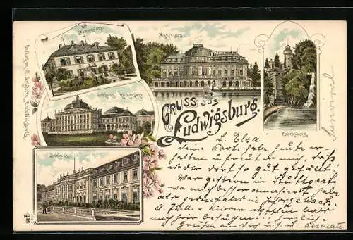 Vorläufer-Lithographie Ludwigsburg / Württemberg, 1895, Schloss, Monrepos, Ansicht der Emichsburg, Marienwahl