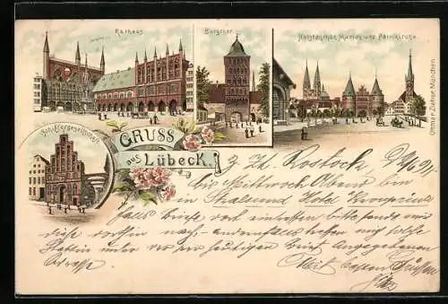 Vorläufer-Lithographie Lübeck, 1894, Schiffergesellschaft, Burgthor, Holstenthor, Rathaus