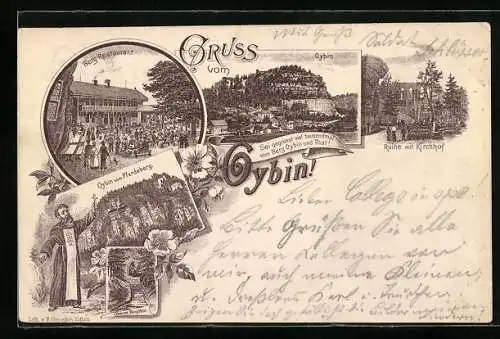Vorläufer-Lithographie Oybin, 1893, Berg-Restaurant, Ruine mit Kirchhof, Oybin vom Pferdeberg