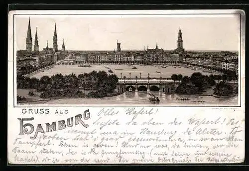 Vorläufer-Lithographie Hamburg-Neustadt, 1892, Blick über die Lombardsbrücke zum Jungfernstieg