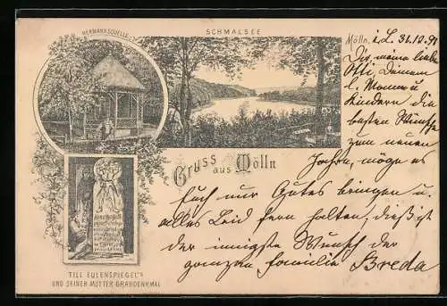 Vorläufer-Lithographie Mölln / Lauenburg, 1891, Hermannsquelle, Schmalsee, Till Eulenspiegels Grabdenkmal