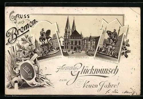 Vorläufer-Lithographie Bremen, 1894, Kaiser-Denkmal mit Neptun, Kaiser Wilhelm-Platz, Kaiser-Denkmal mit der Brema