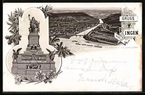 Vorläufer-Lithographie Bingen / Rhein, 1895, Ortsansicht aus der Vogelschau, Niederwalddenkmal