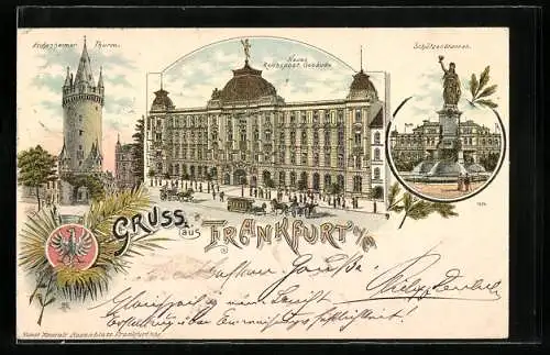 Vorläufer-Lithographie Frankfurt a. M., 1895, Reichspost-Gebäude, Eschenheimer Turm, Schützenbrunnen