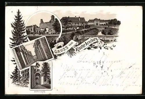 Vorläufer-Lithographie Arnsburg / Kloster, 1894, Ansichten vom Kloster, Mittelschiff, Seitenschiff