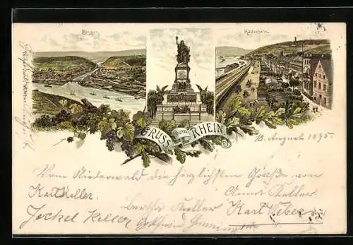 Vorläufer-Lithographie Rüdesheim / Rhein, 1895, Strassenpartie am Rheinufer, Niederwalddenkmal, Bingen