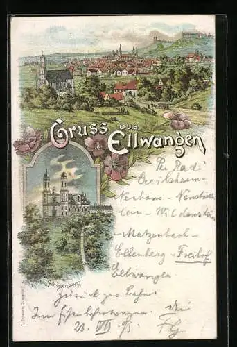 Vorläufer-Lithographie Ellwangen, 1895, Ortsansicht, Kirche Schönenberg
