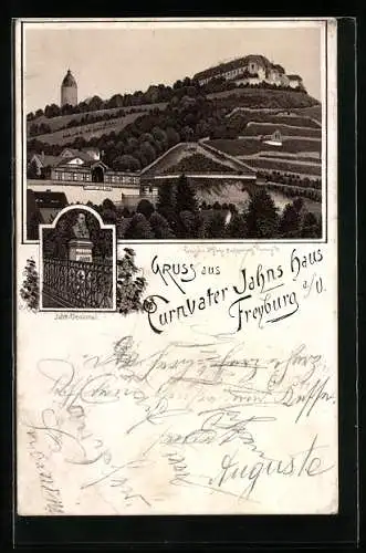 Vorläufer-Lithographie Freyburg a. U., 1892, Turnvater Jahns Haus, Jahn-Denkmal