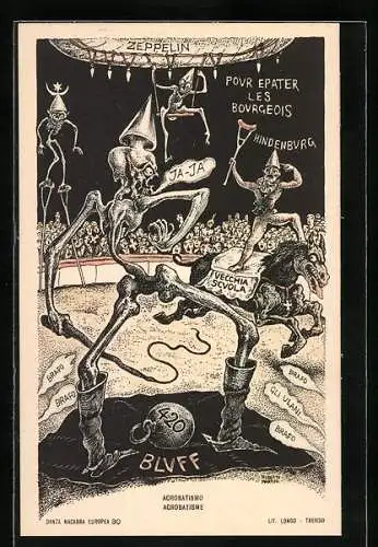 Künstler-AK sign. Alberto Martini: La Danse Macabre Europeenne, Alptraumhafte Zirkusszene mit Zeppelin und Hindenburg