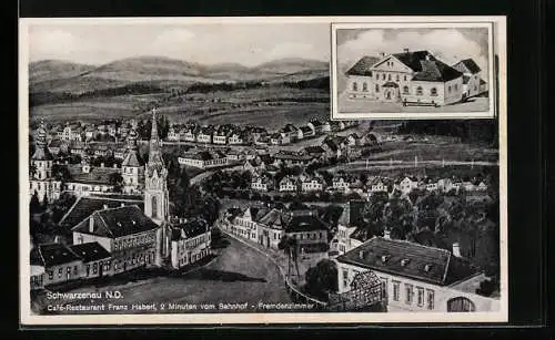 AK Schwarzenau /N. D., Café-Restaurant Franz Haberl, Ortsansicht aus der Vogelschau