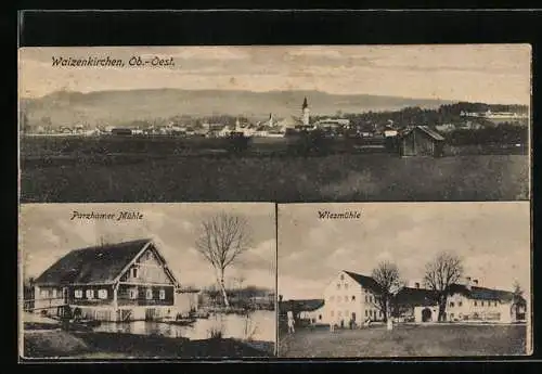 AK Waizenkirchen /Ob.-Oest., Parzhamer Mühle, Wiesmühle, Ortsansicht mit Kirche
