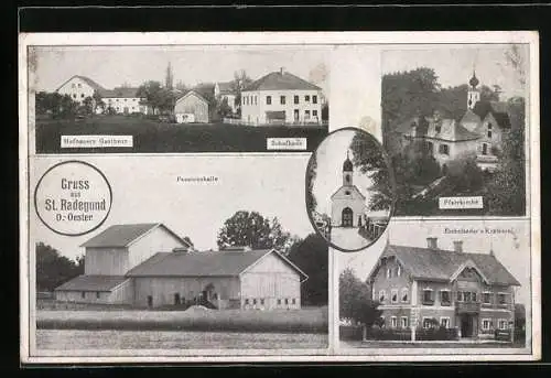 AK St. Radegund /O.-Oester., Hofbauers Gasthaus, Eichelseders Krämerei, Passionshalle