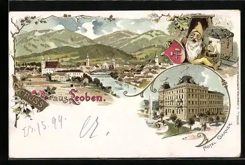 Lithographie Leoben, Totalansicht, Hotel Gärner, Zwerg