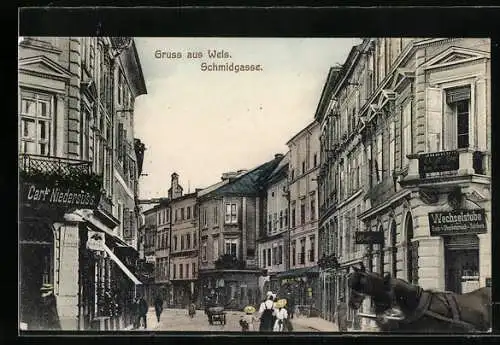 AK Wels, Wechselstube, Geschäft von Carl Niedersüss, Schmidgasse