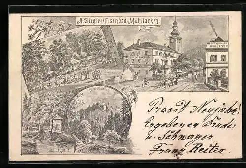 Lithographie Mühllacken, A. Zieglers Eisenbad, Hotel-Garten