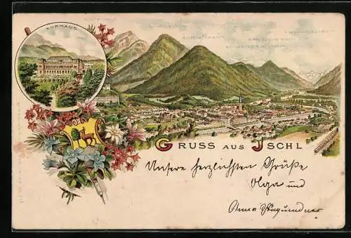 Lithographie Ischl, Kurhaus, Ortsansicht aus der Vogelschau