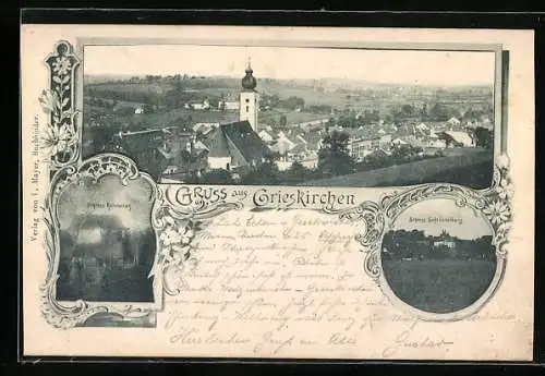 AK Grieskirchen, Schloss Reinleiten, Schloss Schlüsselberg, Ortsansicht mit Kirche