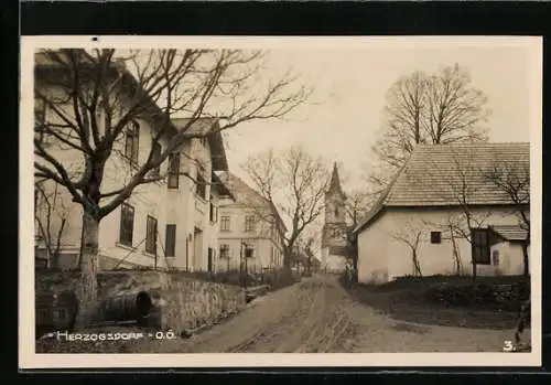 AK Herzogsdorf /O. Ö., Kirche mit Strassenpartie
