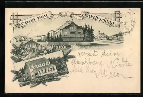 Lithographie Kirchschlag bei Linz, Zauners Hotel und Badehaus, Rudolfsquelle