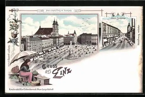 Lithographie Linz a. D., Franz Josefs Platz mit Domkirche, Innere Landstrasse, Marktfrau am Stand