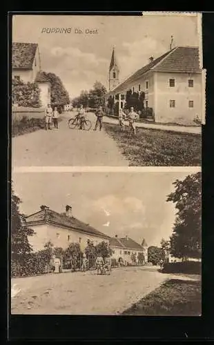 AK Pupping /Ob. Oest., Strassenpartien mit Kirche