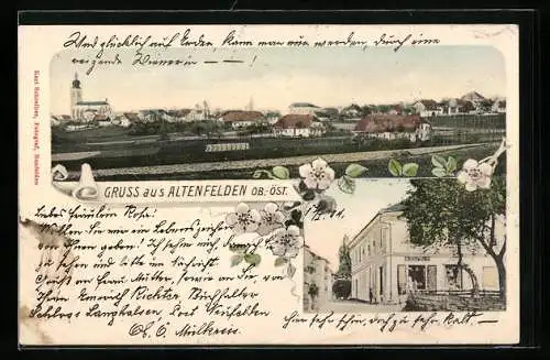 AK Altenfelden /Ob.-Öst., Ortsansicht mit Kirche und Geschäft