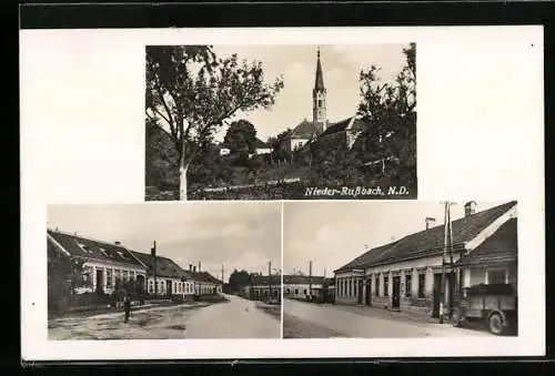 AK Nieder-Russbach /N.D., Gasthaus Anton Pfeifer, Strassenpartie, Kirche