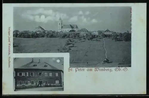 Mondschein-AK St. Peter am Wimberg, Ansicht von einem Gasthaus, Ortsansicht mit Kirche