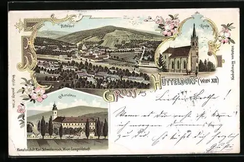 Lithographie Wien, Hütteldorf, Kirche, Blick auf Mariabrunn