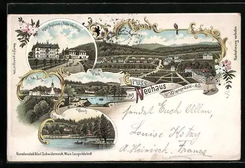 Lithographie Neuhaus i. Wienerwald, Hotel Stephanie u. Hotel Neuhaus, Alte Burg, Park