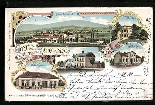 Lithographie Judenau, Färbers Gasthaus, Bahnhof, Eingang ins Waisenhaus