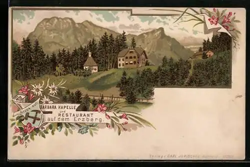 Lithographie Eisenerz, Barbara-Kapelle und Restaurant auf dem Erzberg