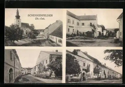 AK Schenkenfelden /Ob.-Öst., Gasthaus Franz Schiefer, Strassenpartie, Kirche