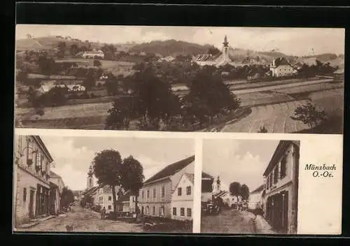 AK Münzbach /O.-Oe., Strassenansichten aus dem Ort, Blick auf den Ort