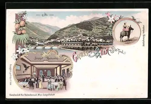 Lithographie Ala /Süd-Tirol, Bahnhof-Restaurant, Panoramablick auf den Ort