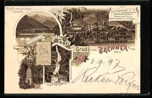 Lithographie Brenner, Pension und Eisenbahn, Etzel Denkmal, Brenner Wasserfall Eisack Ursprung