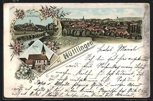 Lithographie Hüttlingen / Württ., Kirche und Niederalfingen