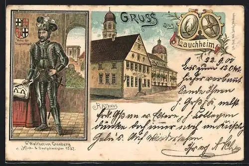 Lithographie Lauchheim, Rathaus und Walther von Cronberg