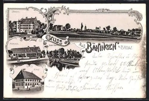 Lithographie Bächingen a. Brenz, Schloss, Pfarrhaus, Brenzpartie und Mühle