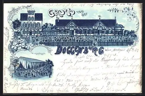 Lithographie Stuttgart, Weinwirtschaft Doggenburg und Aussengastronomie und Wirtschaftszelt