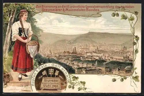 Lithographie Stuttgart, VII. Generalversammlung d. deutschen Braumeister & Malzmeister-Bundes 1903, Stadtansicht