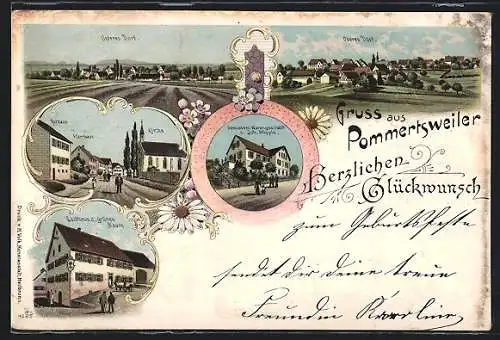 Lithographie Pommertsweiler, Gasthaus z. grünen Baum, Gemischtwarengeschäft v. Joh. Süpple