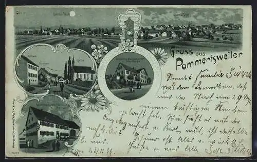 Mondschein-Lithographie Pommertsweiler, Gasthaus z. grünen Baum, Gemischtwarengeschäft v. Joh. Süpple