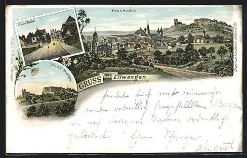 Lithographie Ellwangen, Schloss Vorstadt, Schloss & Schönenberg, Panorama