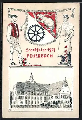 Künstler-AK Feuerbach / Stuttgart, Stadtfeier zur Erinnerung an Grundsteinlegung des Rathauses 1907, Rathaus