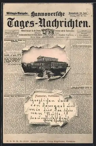 Zeitung-AK Hannover, Hannoversche Tages-Nachrichten, Titelblatt 13. Juli 1901, Hoftheater