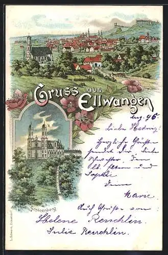 Lithographie Ellwangen, Schönenberg, Gesamtansicht mit Umgebung