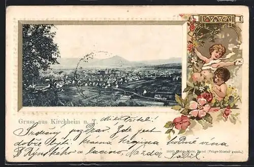 Passepartout-Lithographie Kirchheim u. T., Gesamtansicht mit Bergpanorama, Kinder mit Blumen und Brief